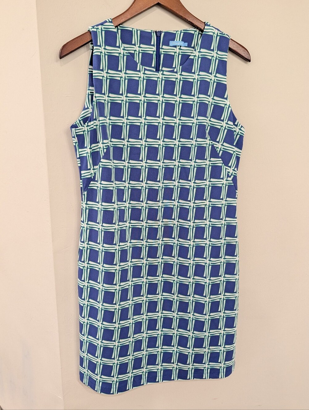 J McLaughlin Catalina Bamboo Grid Pattern Sheath Blue Green Women's Size Medium